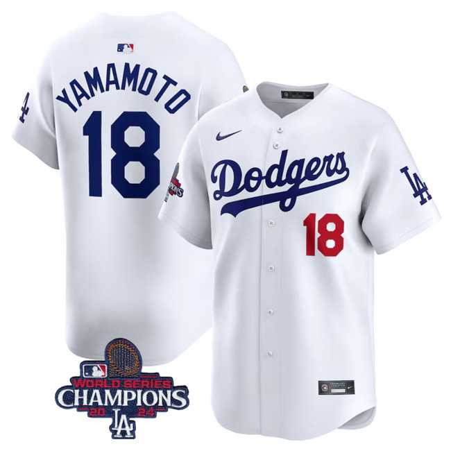 Men's Los Angeles Dodgers #18 Yoshinobu Yamamoto White 2024 World Series Champions Home Limited Stitched Baseball Jersey,We sell and wholesale Men's Los Angeles Dodgers #18 Yoshinobu Yamamoto White 2024 World Series Champions Home Limited Stitched Baseball Jersey on line form chian!